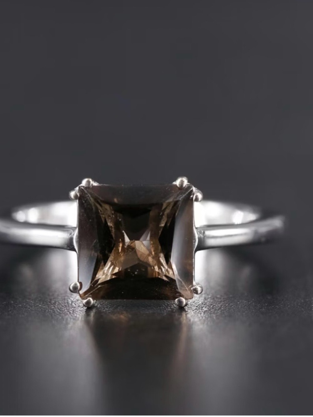 Sterling Silver Smoky Quartz Square Solitaire Ring